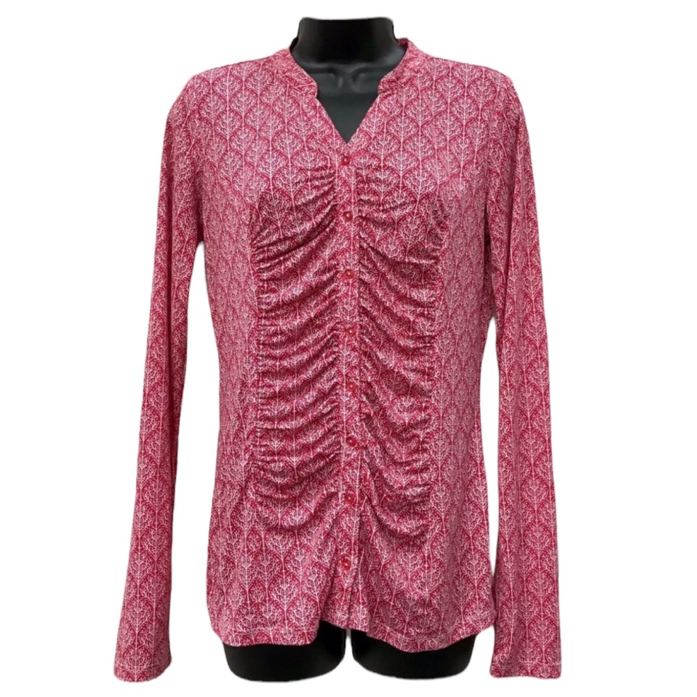 DownEast Red Print Long Sleeve Knit Top Button Down Ruched Front size Small